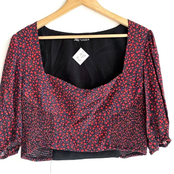 NWT Zara Micro floral Sweetheart neckline HAlf Sleeve Crop Top XL - Picture 6 of 6